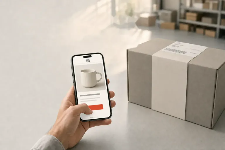 Dłoń trzyma telefon z ofertą produktu, obok na jasnym blacie stoi markowe pudełko z tłoczonym sygnetem — ten sam produkt w kilku kanałach sprzedaży.
