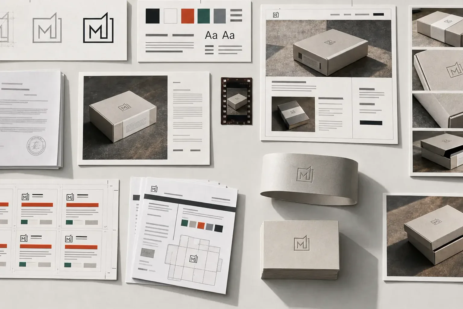 Flat-lay materiałów marki na blacie: arkusz ze znakiem w trzech wersjach, karta kolorów i typografii, wydruk projektu strony, etykiety, wykrojnik opakowania, wizytówki.